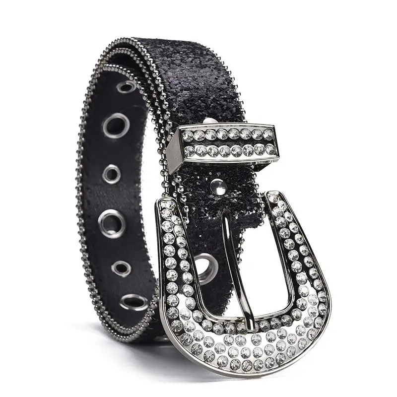 Cinturón ostentoso de PU ancho de lujo a la moda personalizado de fábrica, cinturón vaquero, cinturón brillante de diseñador con diamantes de imitación para mujer