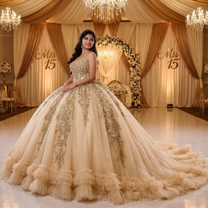 Robe de bal élégante Rsm261029 en tulle champagne avec appliques de sequins dorés et paillettes, style princesse, pour Quinceañera et concours de beauté Jancember - Product Image 1