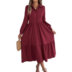 <span class=keywords><strong>Robe</strong></span> décontractée et ample pour femme, style européen, col en V, manches longues, à volants, 2026 - Product Image 1