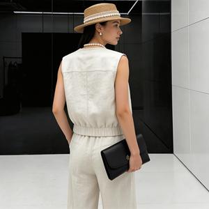 Completo due pezzi in lino <span class=keywords><strong>beige</strong></span> da donna, gilet senza maniche e <span class=keywords><strong>pantaloni</strong></span> a gamba larga, <span class=keywords><strong>outfit</strong></span> casual estivo per il tempo libero. - Product Image 4