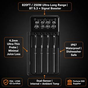 <span class=keywords><strong>Thermomètre</strong></span> à viande sans fil rechargeable BT5.3 avec amplificateur <span class=keywords><strong>de</strong></span> signal LCD 820FT, le plus fin, 4 sondes, double capteur, IP67, pour barbecue, OEM ODM - Product Image 6