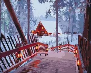Diy数字绘画定制印刷冬季森林和小屋手绘油画户外风景墙艺术装饰