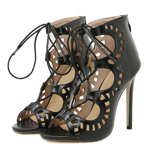 Nouvelles sandales de soirée noires à talons aiguilles ajourées en cuir véritable à lacets, modèle sexy et tendance pour femmes 2025 - Product Image 5