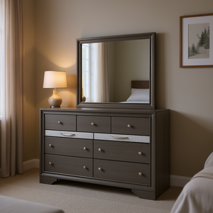 Commode traditionnelle en bois gris à 6 tiroirs avec miroir, meubles de chambre à coucher - Product Image 2