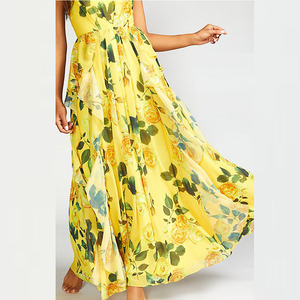 Lancai Summer Casual Fashion Cut Out Elegant Hot Selling Woven Yellow <b>Ladies</b> Chiffon Printing Sexy Beach <b>Slip</b> Maxi Dress - Product Image 3