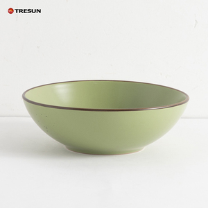 Service de table en céramique verte 16 pièces, vaisselle ronde en grès 16 pièces avec bordure marron, assiettes et bols pour service à domicile - Product Image 4