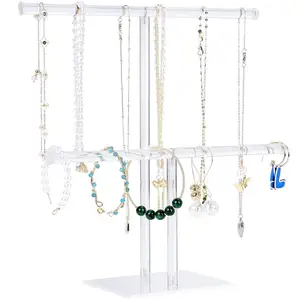 Ff2409 Acryl 2 Tier T-Bar Oorbel Standaard Sieraden Display Fotografie Rekwisieten Transparante Armband Ketting Display Standaard