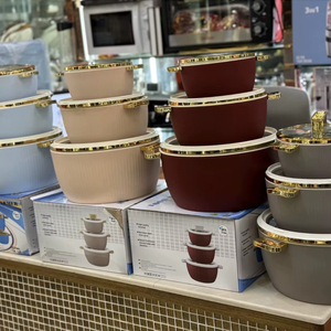 Nouvel Arrivage – Ensembles de chauffe-plats <span class=keywords><strong>avec</strong></span> <span class=keywords><strong>fenêtre</strong></span> visible 1.8L+3.5L+6L, poignée dorée, texture côtelée, casseroles isothermes pour cuisine domestique - Product Image 1