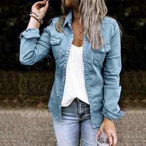 <span class=keywords><strong>Camicia</strong></span> in Denim da Donna Primavera-Autunno, Manica Lunga, Tinta Unita, con Bottoni, Colletto a Risvolto con <span class=keywords><strong>Volant</strong></span>, Camicetta Casual - Product Image 3