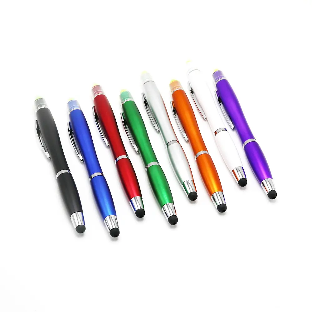 Caneta multifuncional promocional 3 em 1, caneta de iluminador sólida com stylus