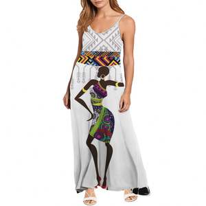 Sublimación personalizada Poliéster <span class=keywords><strong>Afro</strong></span> American Beach Sun Vestidos Mujeres Casual Loose Chiffon Casual Slip V Neck Vestidos <span class=keywords><strong>de</strong></span> noche Blanco - Product Image 3