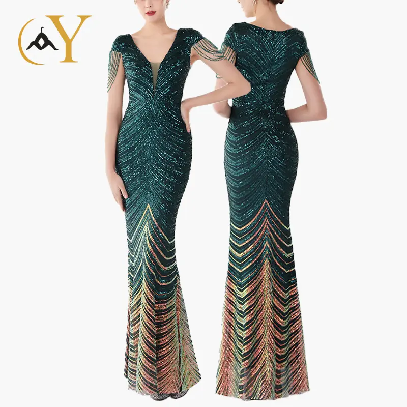 Custom V-neck Sleeveless Women Sequin Formal Evening Gowns Party Maxi Mermaid Dress For Woman