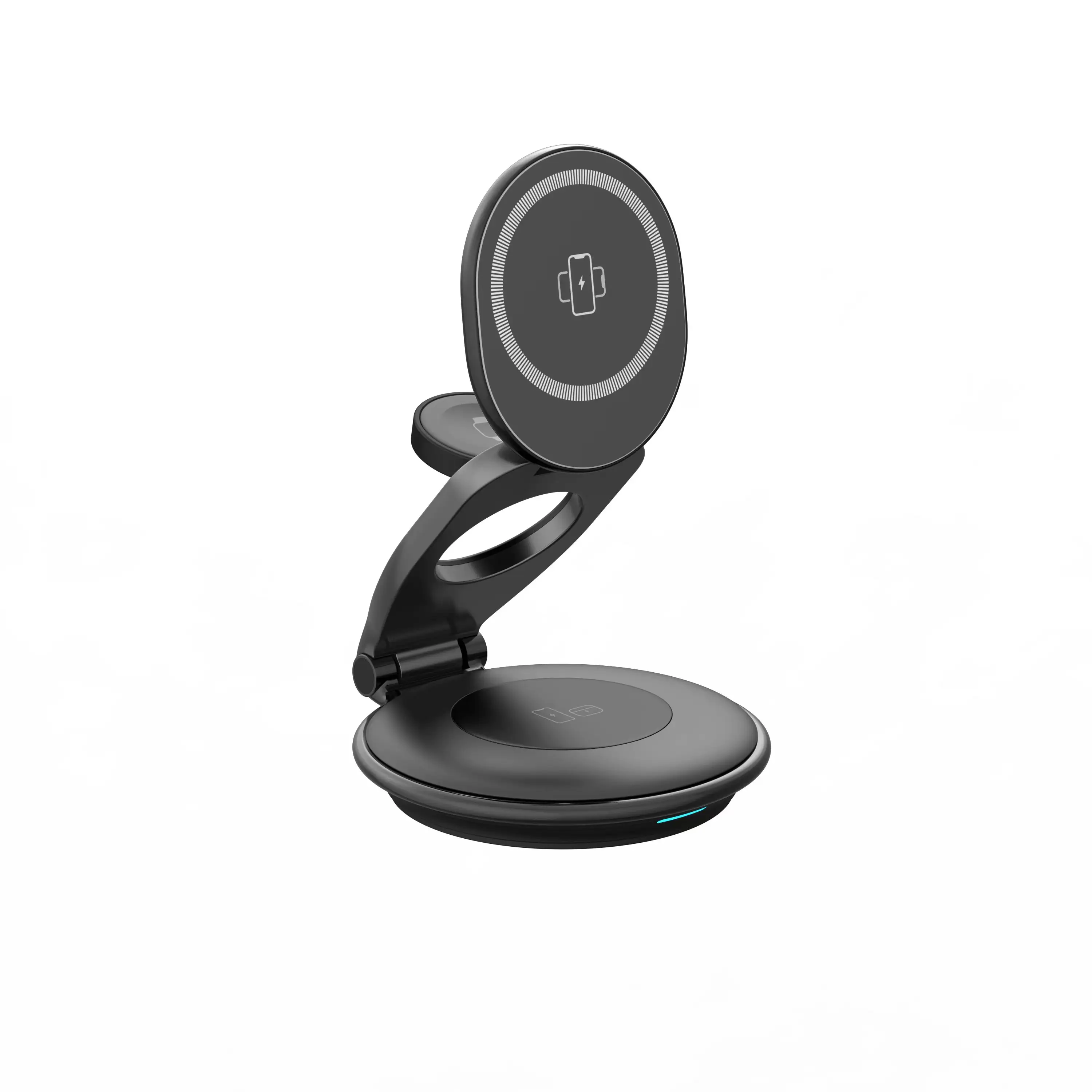 2024 Metal 3-in-1 Folding Magnetic Wireless Charger 15W Rotating Portable Fast Charging Station Cell Phone Holder