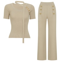 Nouveautés OUDINA - Ensemble deux pièces pour femmes, hauts en tricot à manches courtes avec boutons et ruban, couleur unie, élégant, pantalon décontracté