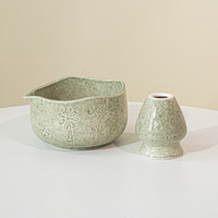 En stock, bol en céramique japonais de haute qualité, matcha, fleurs de cerisier colorées en relief, chawan avec bec verseur et support pour chasen, ensemble cadeau