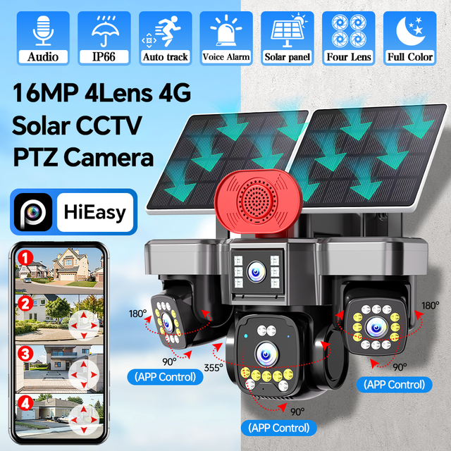 16MP 4 Lens Solar Security Camera 360 Panoramic AOV 4G Wireless CCTV Camera Industrial Monitoring System for Construction Site