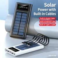 Batterie Externe Solaire 10000mAh avec Câbles Intégrés et Lumière LED pour Sauvegarde de Batterie Multi-Appareils Mobiles