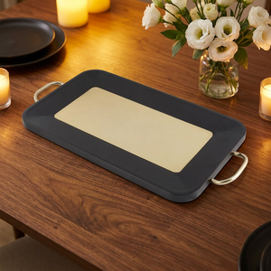 Modern <b>Black</b> Serving Tray with Gold Center Panel and Metal Handles Decorative Coffee <b>Table</b> Ottoman <b>Vanity</b> Serving Tray - Product Image 4