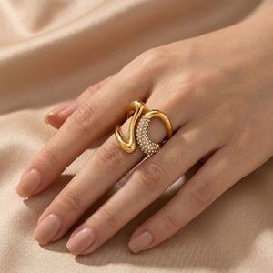 Trendy Irregular Curved Rhinestone <b>Ring</b> 18K Gold Plated Stainless Steel Open Adjustable Pave <b>Crystal</b> Stackable Statement <b>Ring</b> - Product Image 6