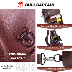 Sac bandoulière en cuir de vache véritable BULLCAPTAI pour homme, style vintage, tendance, décontracté, avec chaînes décoratives rétro. - Product Image 3