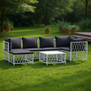 Ensemble de salon de jardin en tissu tissé blanc, structure en acier thermolaqué, mobilier d'extérieur durable, design contemporain, 6 places - Product Image 2