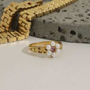 J&amp;D Modern Chic Women Jewelry 18K Gold Stainless Steel Pearl Zircon Flower Band <strong>Watch</strong> <strong>Rings</strong> - Product Image 4