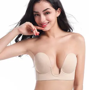 Fabriek Directe Verkoop Sticky Onzichtbare Push Up Siliconen Beha Diepe U-vormige Naadloze Beha Dames Bh Strapless