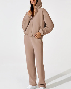 ODM OEM personnalisé vente en gros de haute qualité sweat à capuche zippé ample deux pièces ensemble couleur unie classique mode loisirs vêtements pour femmes - Product Image 5