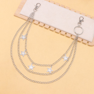 Chaîne de pantalon punk hip-hop avec pendentif étoile, chaîne de taille double anneau en argent tibétain, chaîne de corps décontractée et tendance - Product Image 4
