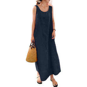 Cotton Linen Sleeveless Long Dress Scoop Neck Loose Fit Casual For Women Yellow - Product Image 4