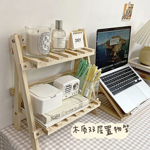 Étagère de rangement de bureau en bois, organisateur pliable à double couche pour bureau, couleur bois naturel, type sur pied - Product Image 5
