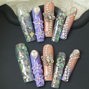 Uñas postizas de lujo de acrílico, largas, color rosa, con cobertura completa, hechas a mano, con pedrería de estrellas, precio de fábrica, venta al por mayor. - Product Image 2