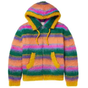 oem odm custom logo knitted mohair hoodie men custom blend striped heavyweight mohair sweater hoodie