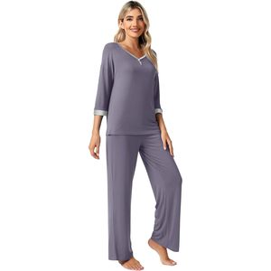 ชุดนอนผู้หญิงแขนสามส่วน ผ้าใยไผ่เนื้อนุ่ม ระบายอากาศดี เสื้อพร้อมกางเกงขายาว มีกระเป๋า ไซส์พลัส S-4X - Product Image 1