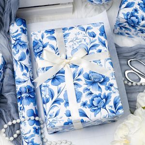 Maypluss Blue Floral Wrapping <b>Paper</b> 17 Inch X 33 Feet Double Side Recyclable Gift <b>Wrap</b> For Wedding Bridal Shower Mother's Day - Product Image 2