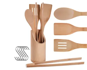 Peralatan Dapur Bambu dengan Dudukan, Spatula Kayu dan Set Peralatan Masak, Sendok Bambu untuk Memasak