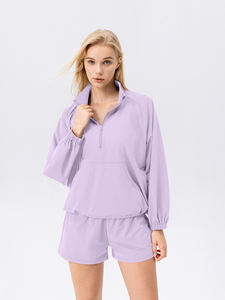 Top da donna a maniche lunghe con colletto in piedi sportivo e per il tempo libero con pantaloncini da corsa Set due pezzi per il Fitness - Product Image 2