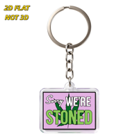 Porte-clés rectangulaire amusant en acrylique, fond violet avec feuille verte et texte ludique, pendentif transparent avec anneau métallique