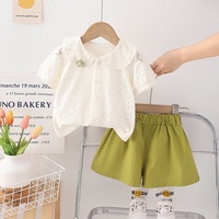 Élégant été filles décontracté solide mince dentelle à manches courtes chemise poupée col deux pièces ensemble doux nouvelle addition garde-robe pour enfants