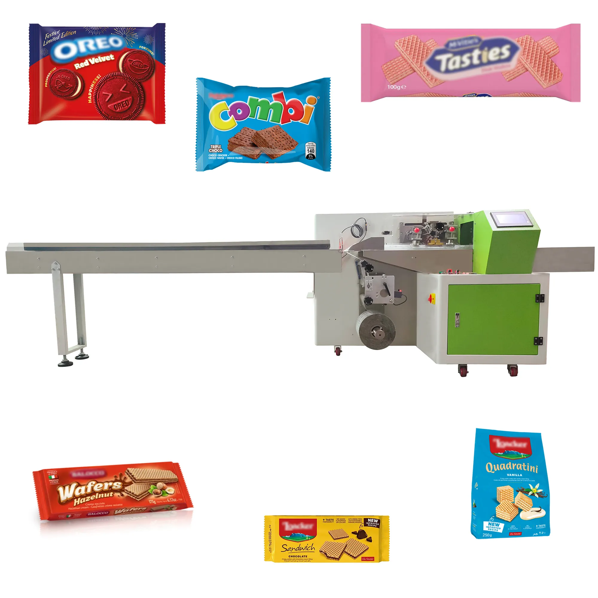 Automatic plastic bag horizontal pillow wafer double sandwiching cookies packaging flow wrapper biscuit packing machine