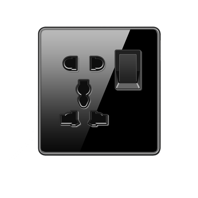 Switched 5 Pin Universal Wall Socket 15A 220V Electric Switches Sockets Luxury Glass Black Gold Multi Socket Outlet