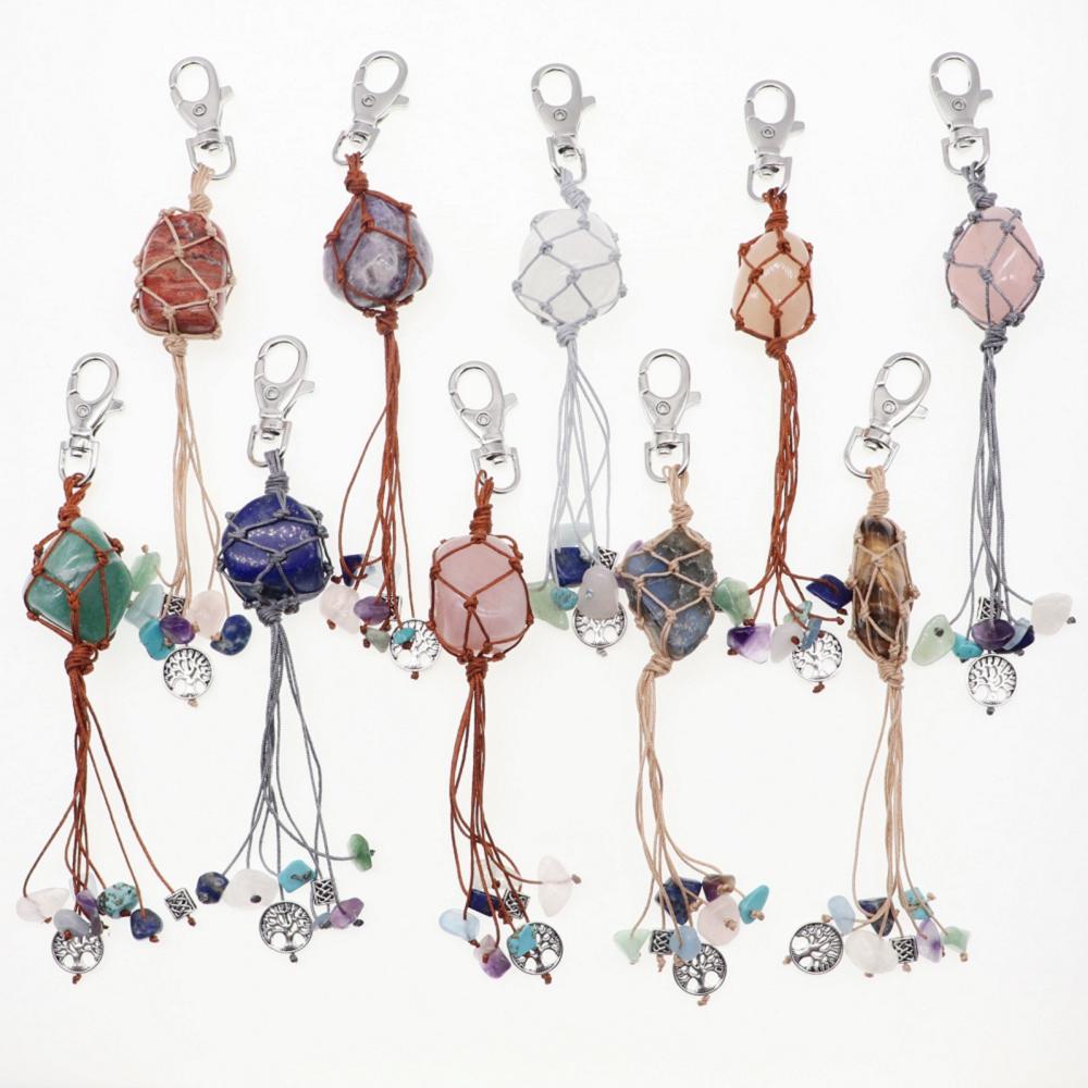 ETSY hot Looped Handle Boho style Macrame Handmade Crystal healing Gemstone Keychain  Macrame bag hanging Accessory Ornaments