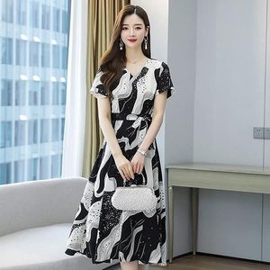 Korean Style Women's Dress V-<b>Neck</b> Loose Fit Mid-Length Wrap <b>Tie</b> Casual Daily Wear With Pocket - Product Image 1