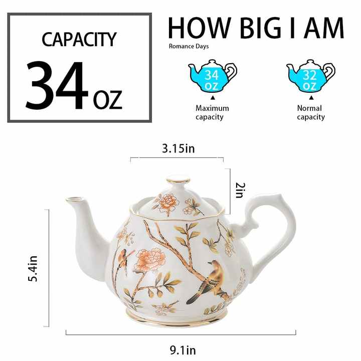 Porcelain Teapot With Lid Vintage Ceramic Tea Pot With Filter for Tea Coffee Water Teaparty Home,34oz