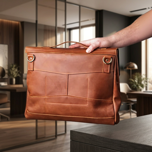 Sacoche d'ordinateur portable classique en cuir véritable coréen, imperméable, portable, avec bandoulière, durable, pour usage quotidien, avec poignée de fermeture, couleur beige - Product Image 1