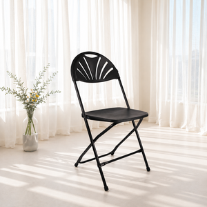 Black Folding Garden <b>Chair</b> Fan Back Design Metal Frame <b>Plastic</b> Seat Outdoor Furniture Minimalist Style Stackable Waterproof - Product Image 1