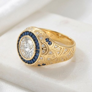 Classic Yellow <b>Gold</b> Moissanite <b>Cocktail</b> <b>Ring</b> Round Brilliant Cut Bezel Setting Flower Pattern Women's Engagement Jewelry - Product Image 5