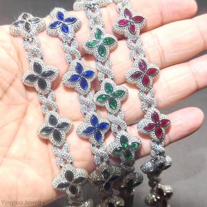 Luxury Hip Hop Jewelry Colorful Moissanite Iced Out S925 Silver Cuban <strong>Clover</strong> <strong>Bracelet</strong> - Product Image 2