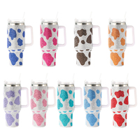 BORGE 40oz Bling Rhinestone Vaca Imprimir Termo de doble pared Vaso frío caliente Acero inoxidable con mango