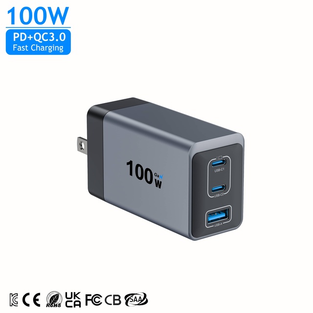 100W 2USB-C + 1USB-A PD 3.0 Charger - Smart Power Distribution Fast Charging for Laptop Pad Smartphone, Global Voltage 110-240V